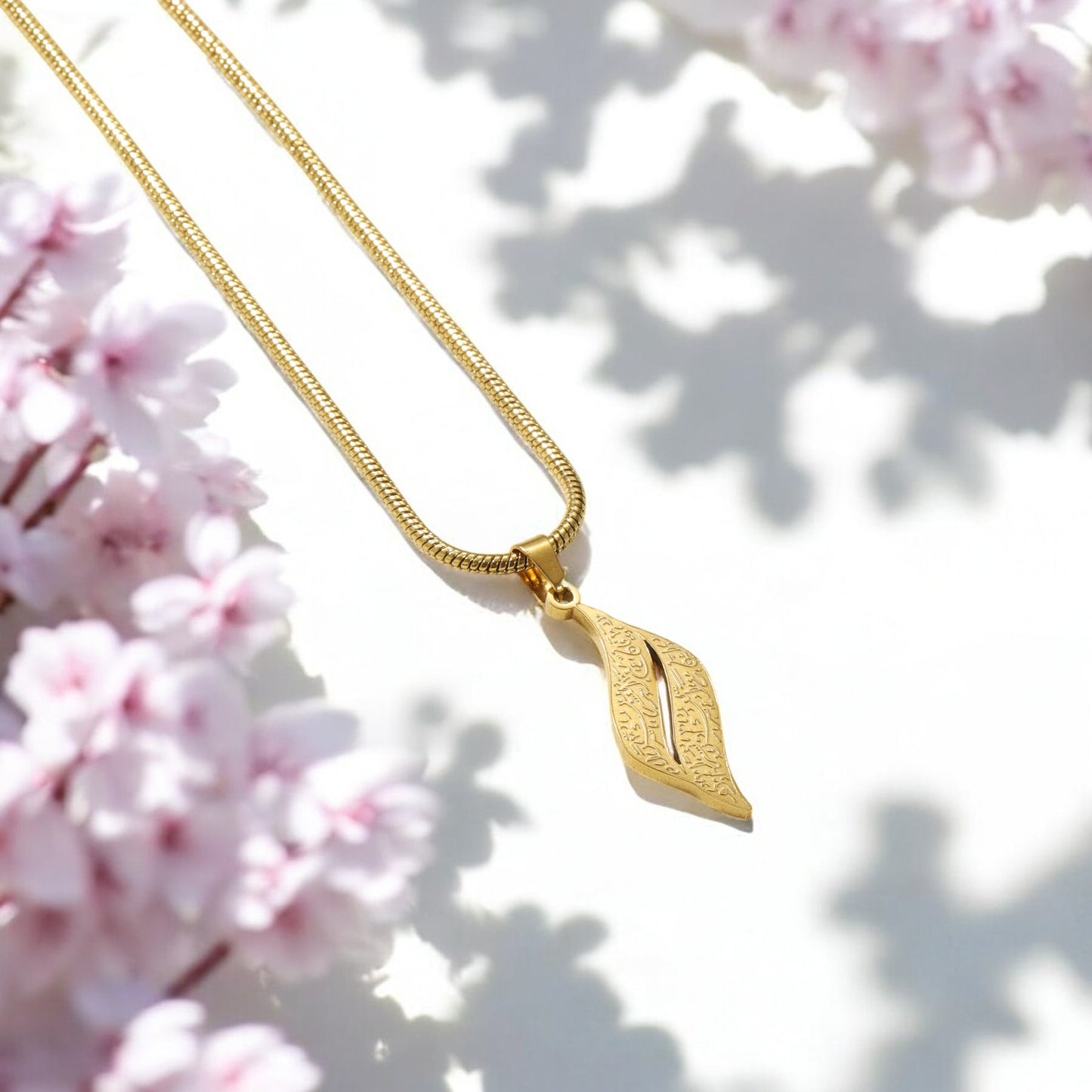 Leaf Hollow 18ct Gold "With Hardship Comes Ease" Necklace
