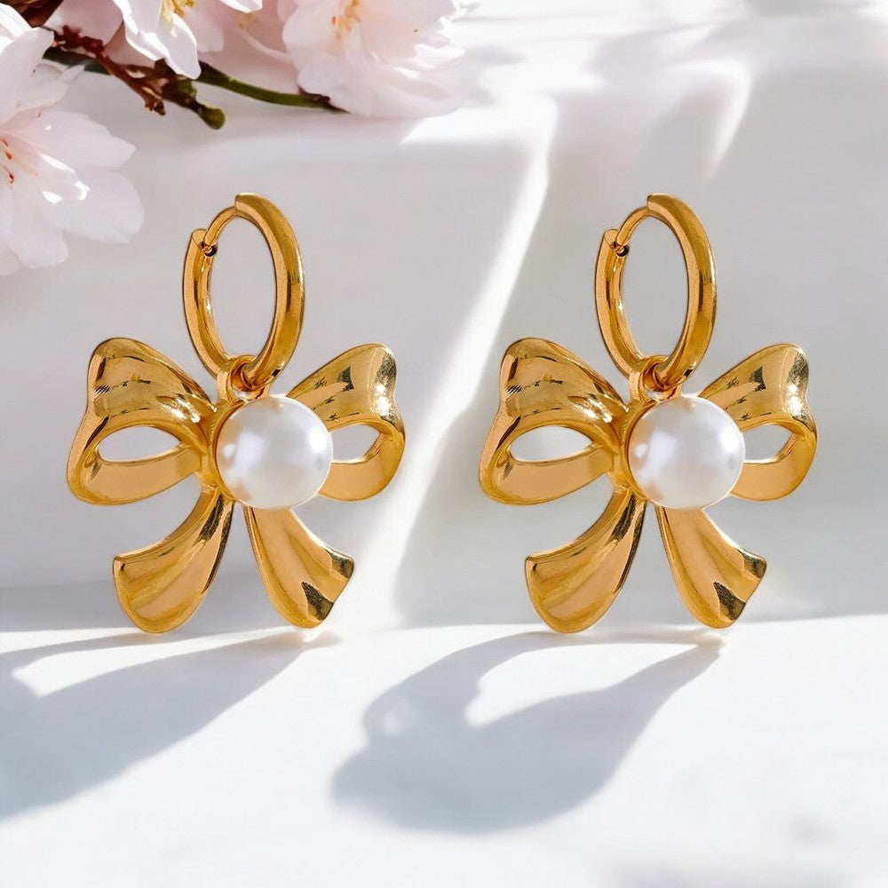 Chic Gold Bow Earrings with Pearl